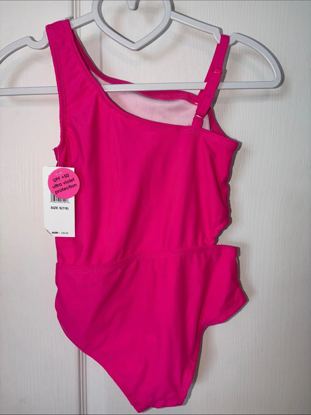Betsey Johnson Hot Pink One-Shoulder Pom Pom Kids One-Piece Swimsuit